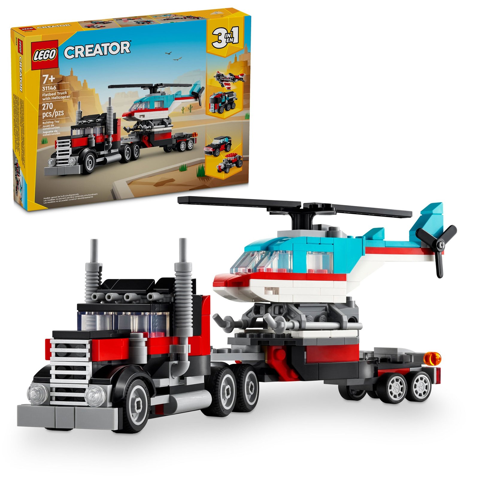 LEGO Creator Camión de Plataforma con Helicóptero, 31146, Edades 7+, 270 Piezas