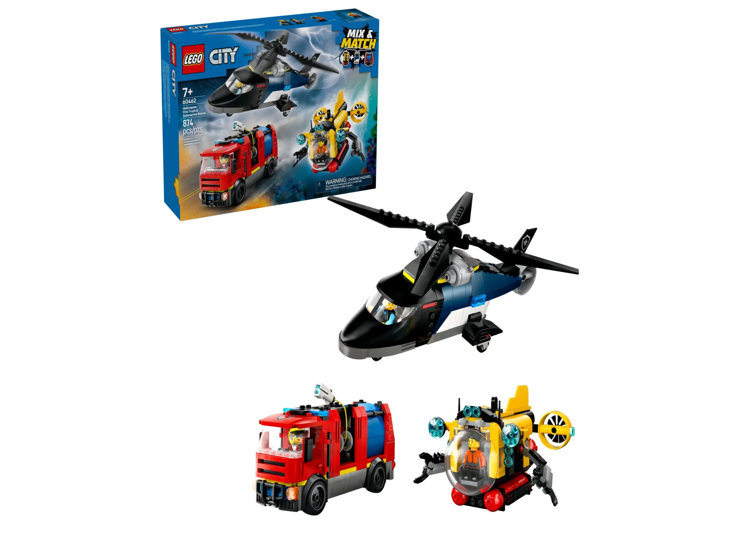 LEGO City Rescue Adventure Juego de construcción - Helicóptero, Camión de bomberos, Submarino - 874 piezas