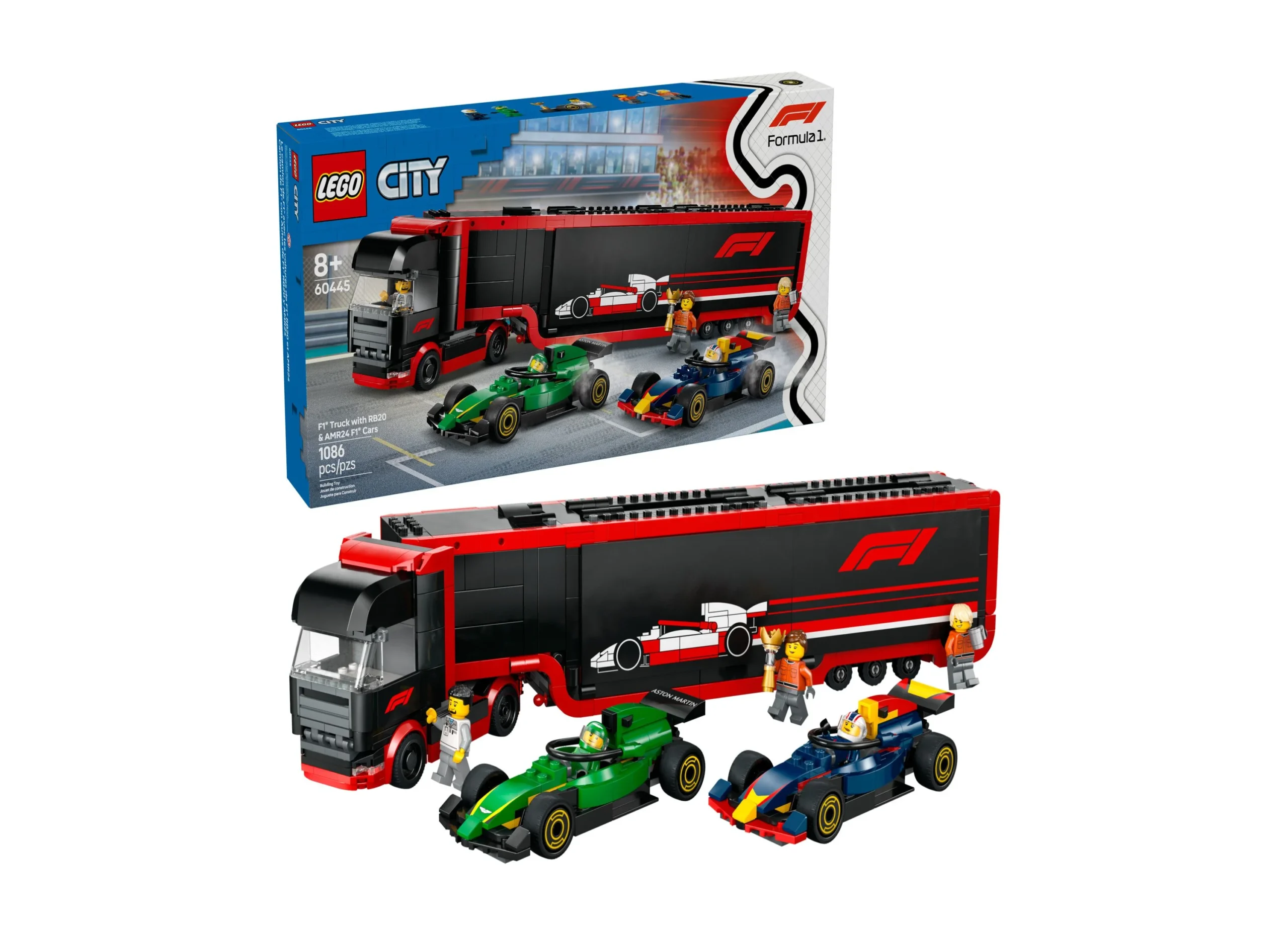 LEGO City Juego de camión y coche de transporte de carreras F1 60445 - 1086 piezas